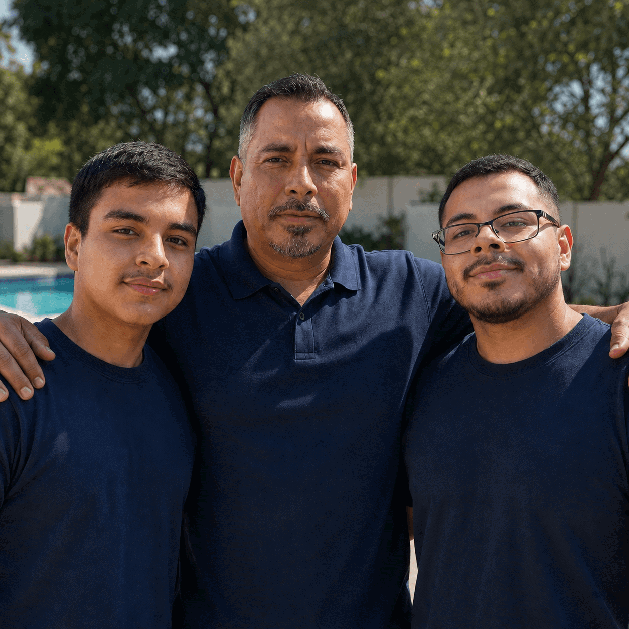 Oscar Retana and his sons at CA's Finest & Quality Pool Plastering, family-run pool contractors in Riverside County, California